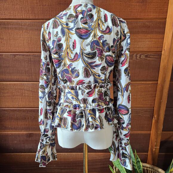Franco Womens Paisley Floral Hippie Boho Belted Peplum Bell Sleeve Blouse Size M - Picture 5 of 12